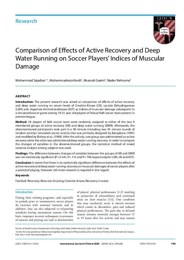 (PDF) Comparison of Effects of Active Recovery and Deep Water Running ...