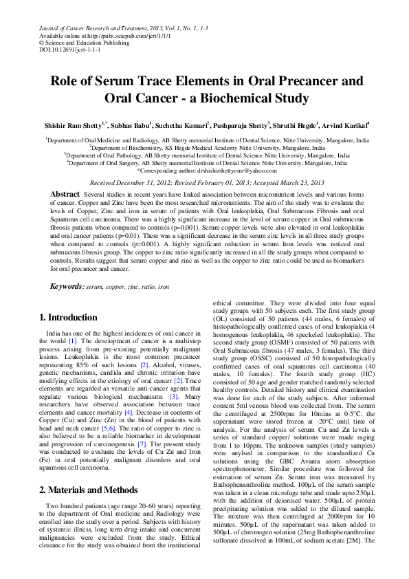 (PDF) Status of trace elements in saliva of oral precancer and oral ...