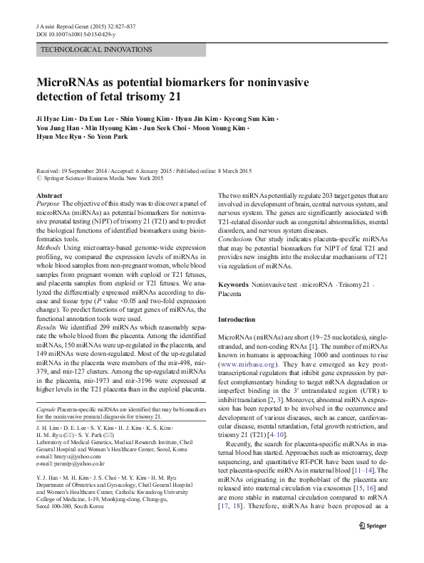 (PDF) MicroRNAs as potential biomarkers for noninvasive detection of ...