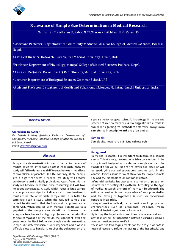 (PDF) Relevance of Sample Size Determination in Medical Research