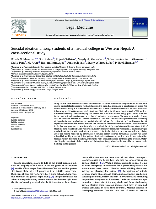 (PDF) Suicidal ideation among students of a medical college in Western ...