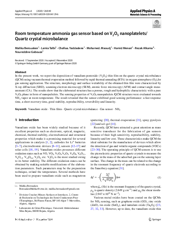 (PDF) Room temperature ammonia gas sensor based on V2O5 nanoplatelets ...