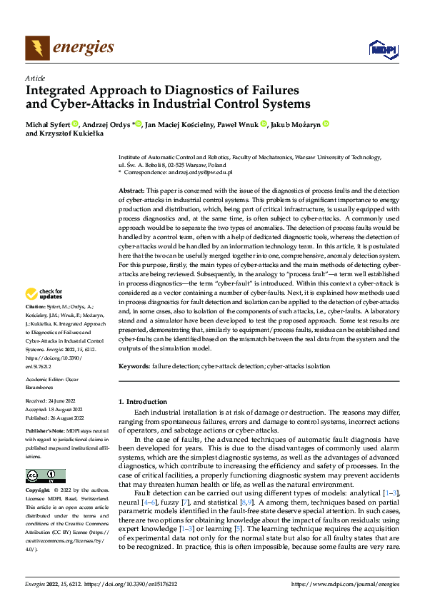 Integrated Approach to Diagnostics of Failures and Cyber-Attacks in Industrial Control Systems