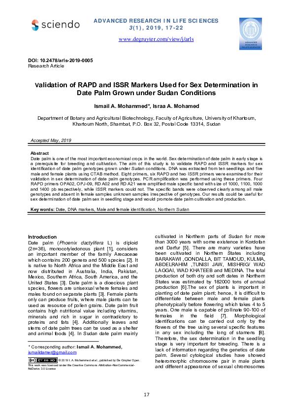 (PDF) Validation of RAPD and ISSR Markers Used for Sex Determination in ...