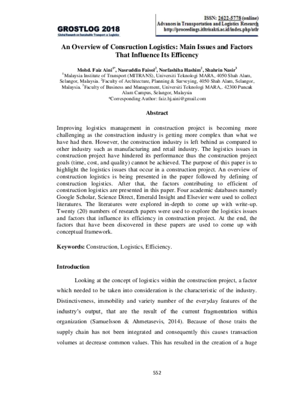 (PDF) An Overview of Construction Logistics: Main Issues and Factors ...