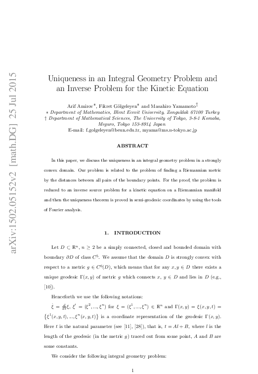 (PDF) Uniqueness in an integral geometry problem and an inverse problem ...
