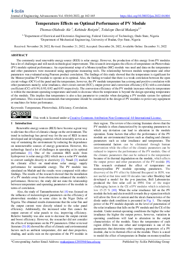 (PDF) Temperature Effects on Optimal Performance of PV Module