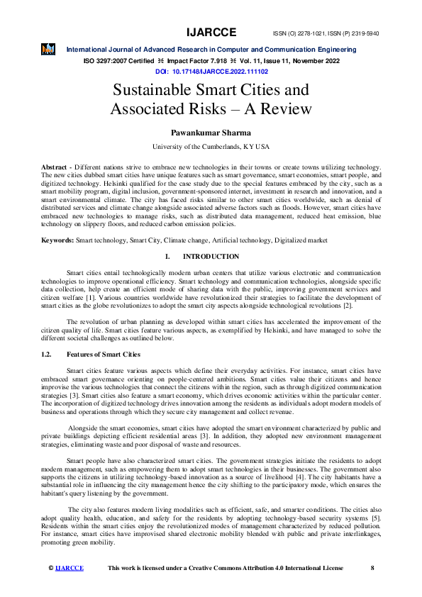 (PDF) Sustainable Smart Cities and Associated Risks – A Review