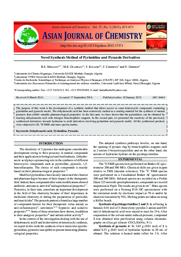 (PDF) Novel Synthesis Method of Pyrimidine and Pyrazole Derivatives