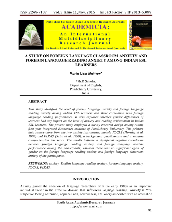 (PDF) A STUDY ON FOREIGN LANGUAGE CLASSROOM ANXIETY AND FOREIGN ...