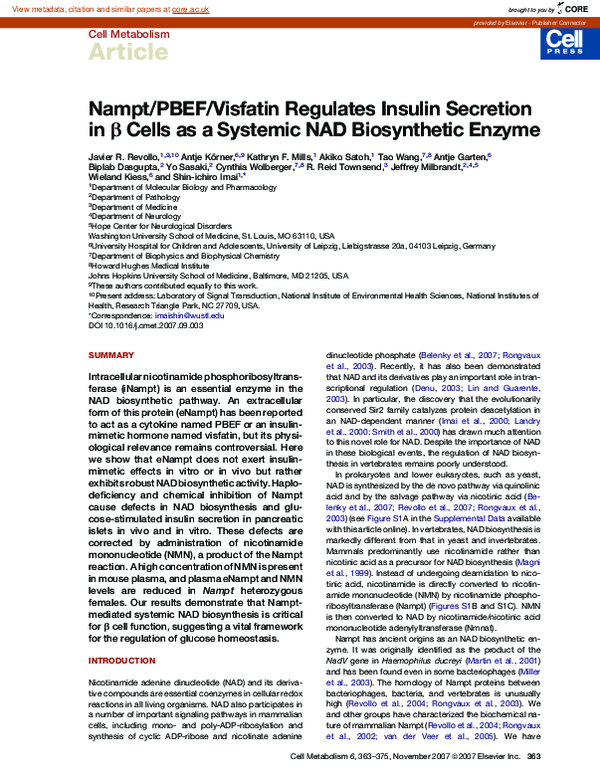 (PDF) Nampt/PBEF/Visfatin Regulates Insulin Secretion in β Cells as a ...