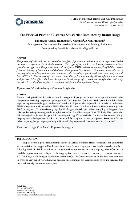 (PDF) The Effect of Price on Customer Satisfaction Mediated by Brand Image