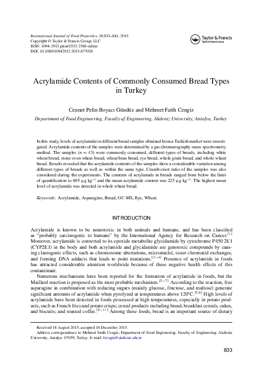 (PDF) Acrylamide Contents of Commonly Consumed Bread Types in Turkey