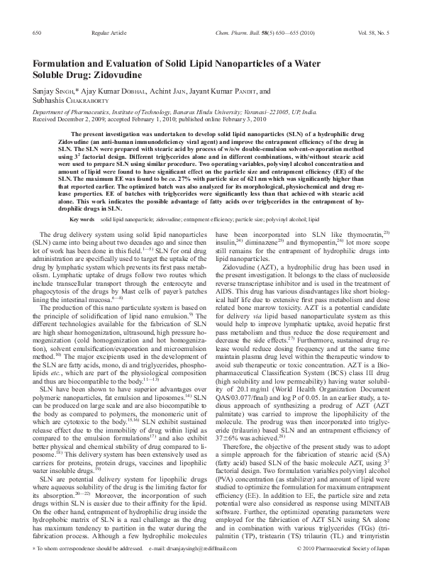 (PDF) Formulation and Evaluation of Solid Lipid Nanoparticles of a ...