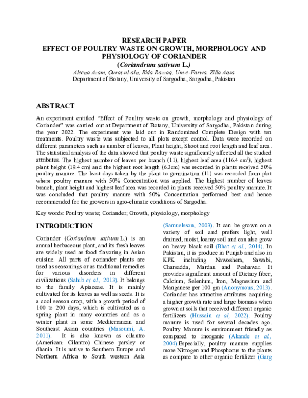 (DOC) RESEARCH PAPER EFFECT OF POULTRY WASTE ON GROWTH, MORPHOLOGY AND ...
