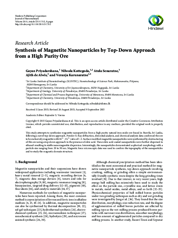(PDF) Synthesis of Magnetite Nanoparticles by Top-Down Approach from a ...
