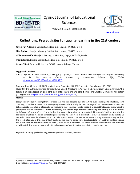 (PDF) Reflections: Prerequisites for quality learning in the 21st century