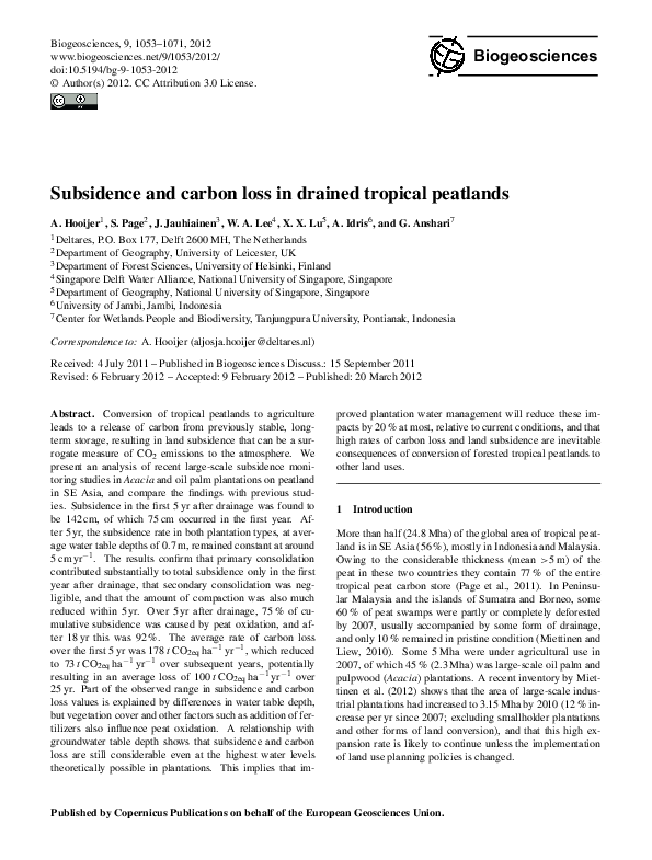 (PDF) Subsidence and carbon loss in drained tropical peatlands ...