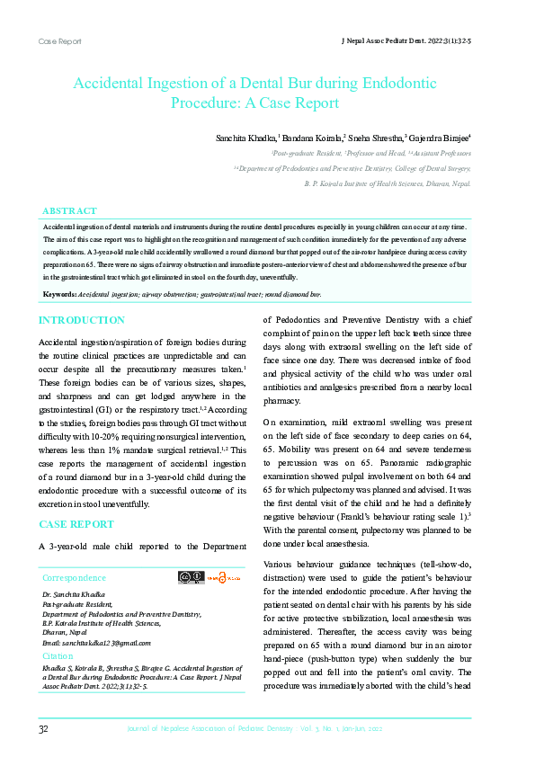 (PDF) Accidental Ingestion of a Dental Bur during Endodontic Procedure