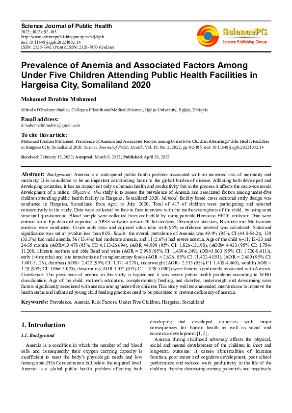 (PDF) Prevalence of Anemia and Associated Factors Among Under Five ...