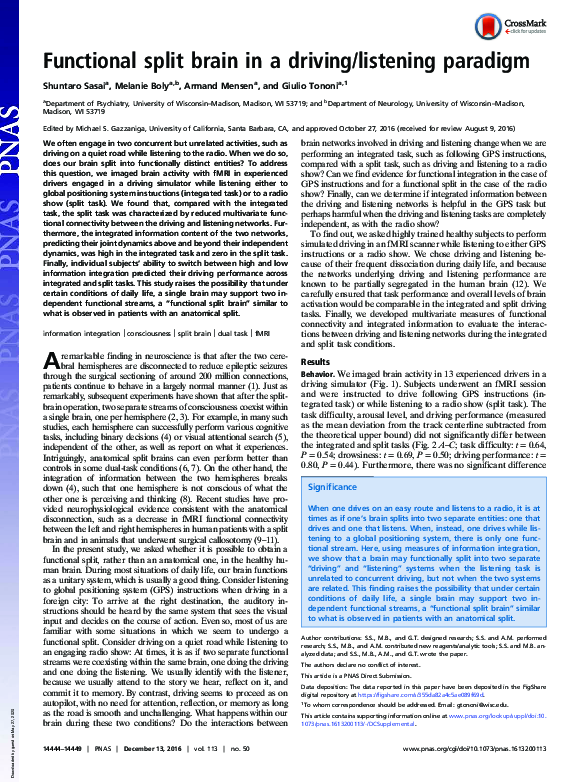 (PDF) Functional split brain in a driving/listening paradigm