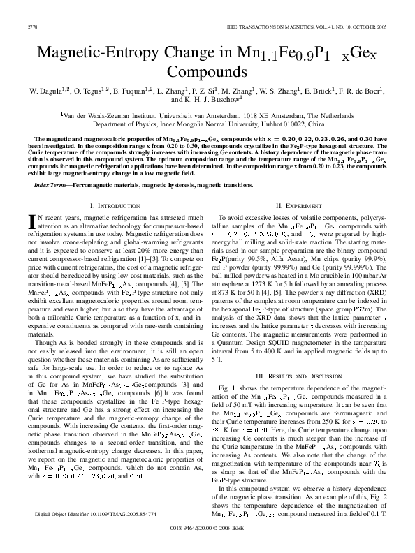 (PDF) Magnetic-entropy change in Mn/sub 1.1/Fe/sub 0.9/P/sub 1-x/Ge/sub ...