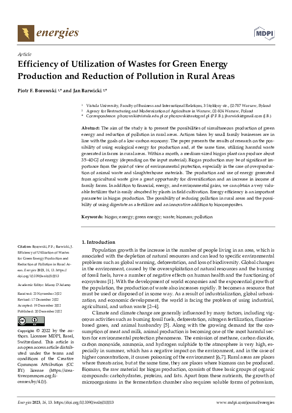 (PDF) Efficiency of Utilization of Wastes for Green Energy Production ...