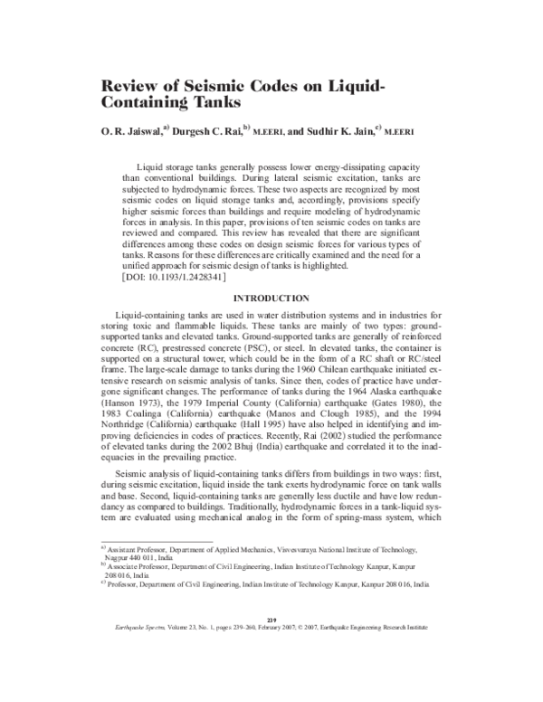 (PDF) Review of Seismic Codes on Liquid-Containing Tanks