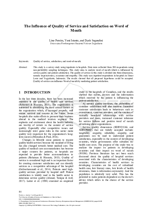 (PDF) The Influence of Quality of Service and Satisfaction on Word of Mouth