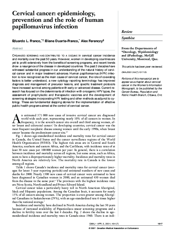 (PDF) Cervical cancer: epidemiology, prevention and the role of human ...