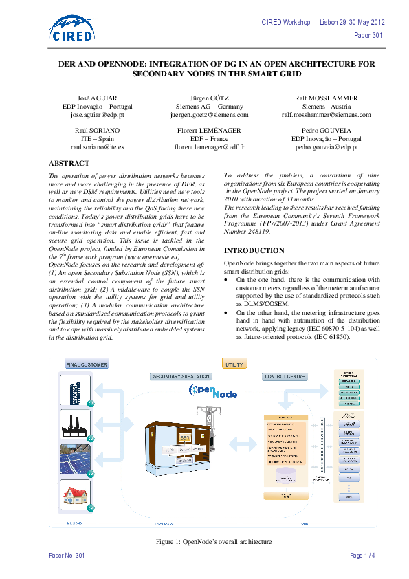(PDF) DER and OpenNode: integration of DG in an open architecture for ...