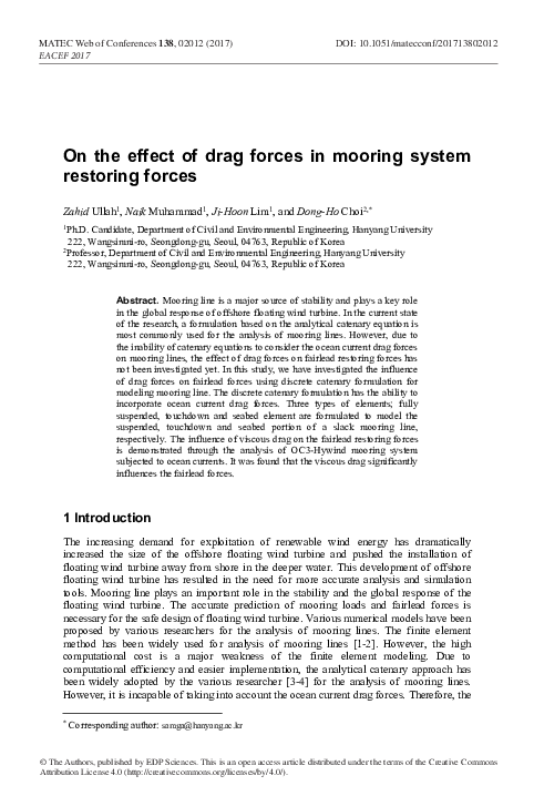 (PDF) On the effect of drag forces in mooring system restoring forces