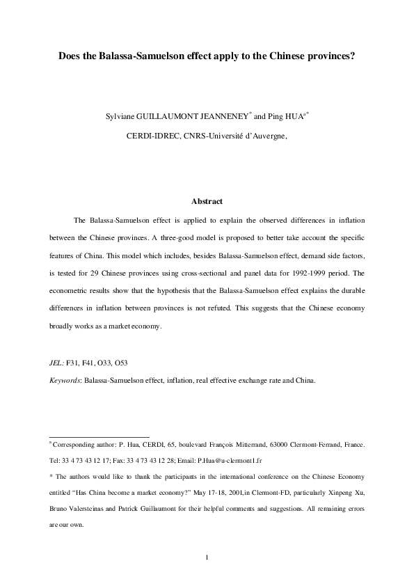 (PDF) Does the Balassa-Samuelson effect apply to the Chinese provinces?