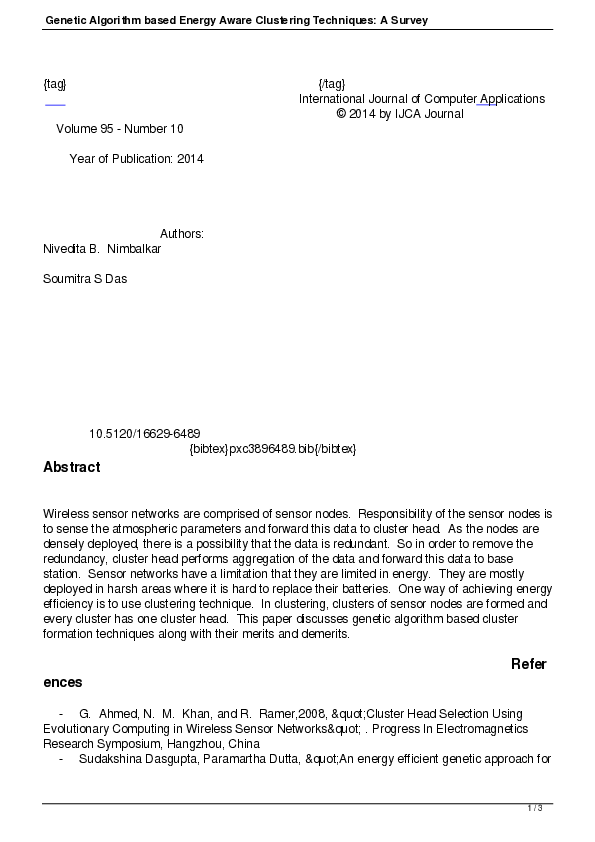 (PDF) Genetic Algorithm based Energy Aware Clustering Techniques: A Survey