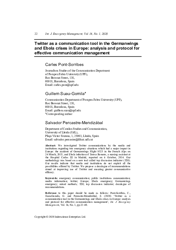 (PDF) Twitter as a communication tool in the Germanwings and Ebola ...