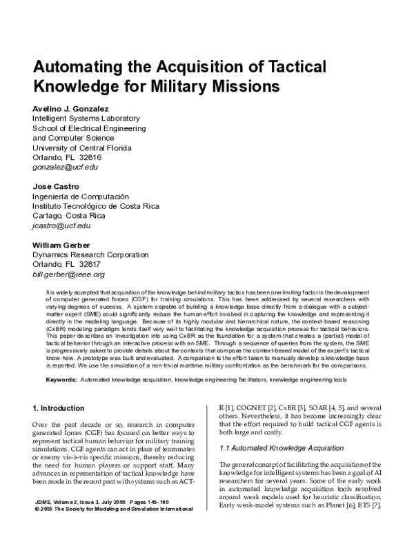 (PDF) Automating the Acquisition of Tactical Knowledge for Military