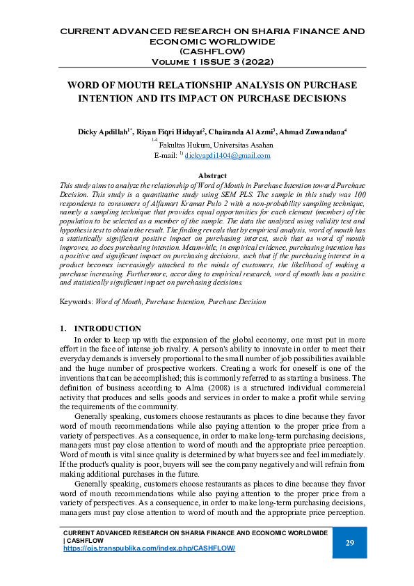 (PDF) Word of Mouth Relationship Analysis on Purchase Intention and Its ...