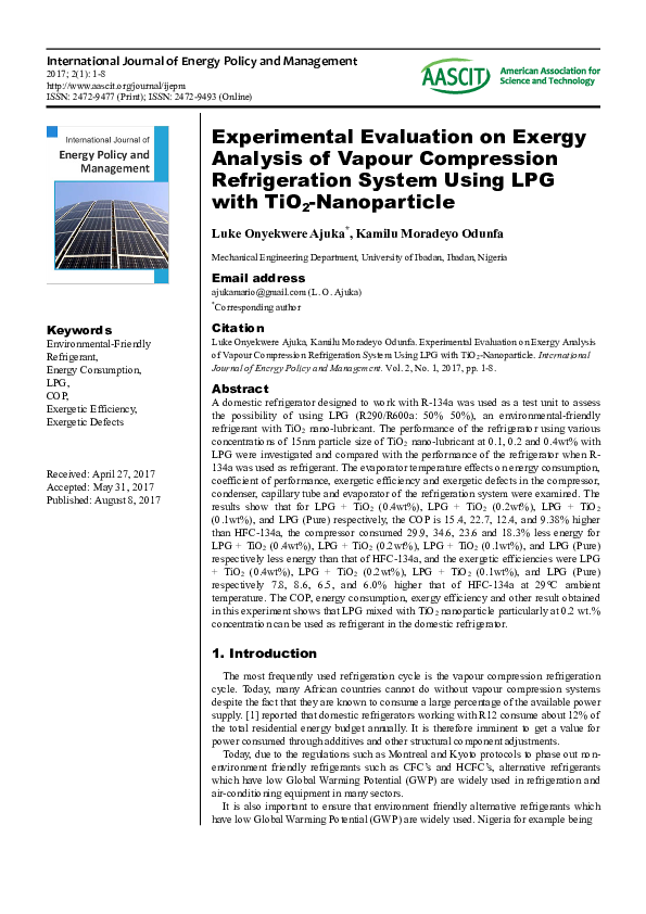 (PDF) Experimental Evaluation on Exergy Analysis of Vapour Compression ...