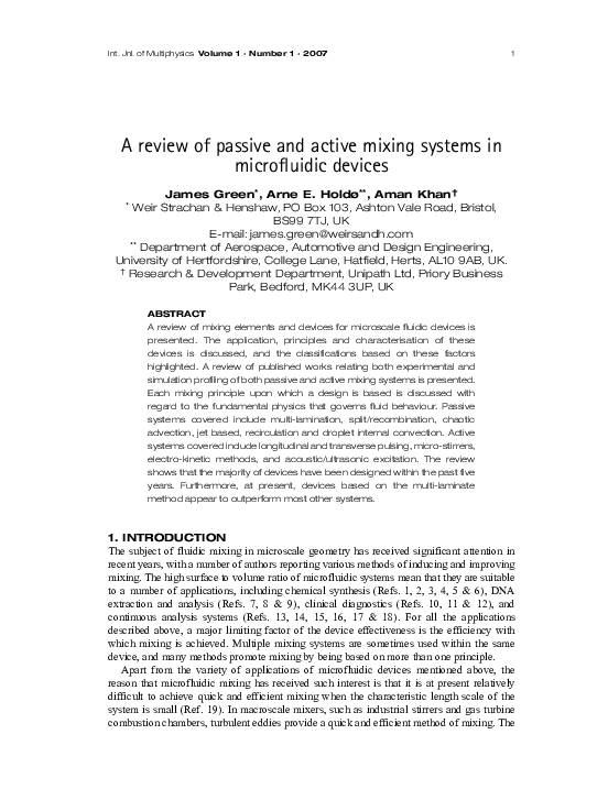 (PDF) A review of passive and active mixing systems in microfluidic devices