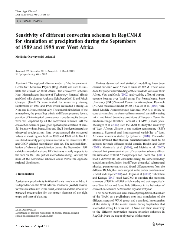 (PDF) Sensitivity of different convection schemes in RegCM4.0 for ...