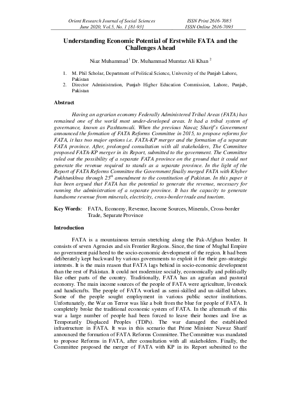 (PDF) Understanding Economic Potential of Erstwhile FATA and the ...