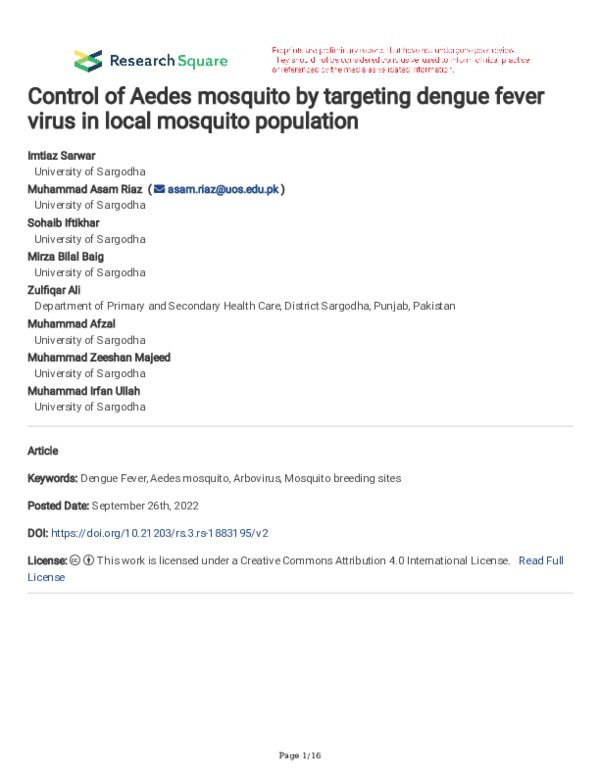 (PDF) Control of Aedes mosquito by targeting dengue fever virus in ...