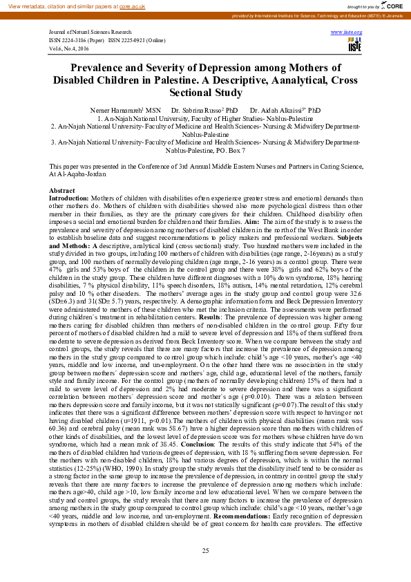 (PDF) Prevalence and Severity of Depression among Mothers of Disabled ...