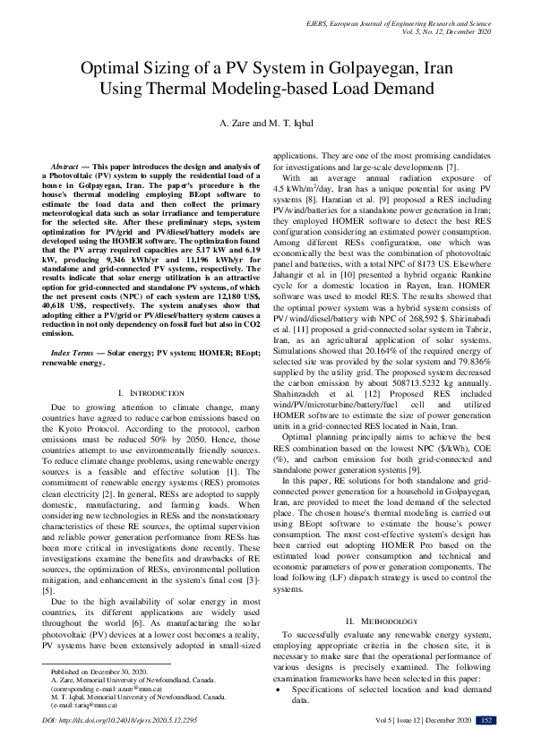 (PDF) Optimal Sizing of a PV System in Golpayegan, Iran Using Thermal ...