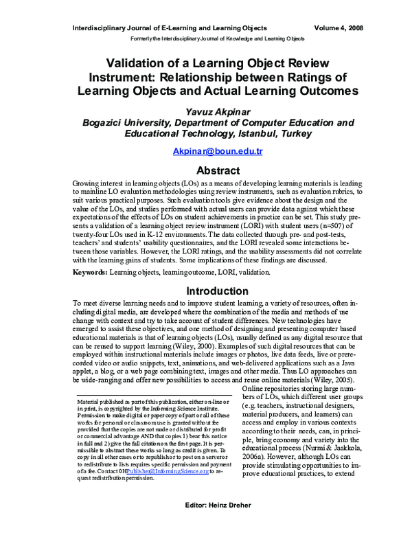 (PDF) Validation of a Learning Object Review Instrument: Relationship ...
