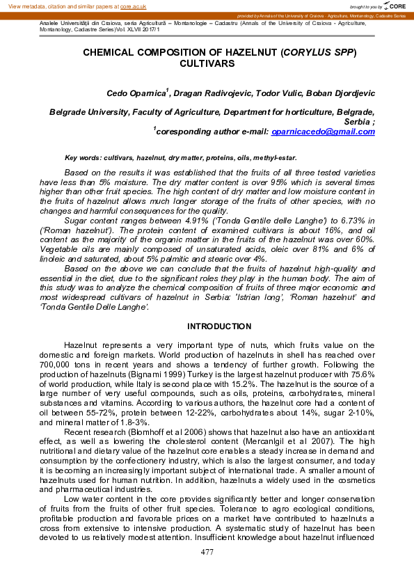(PDF) Chemical Composition of Hazelnut (Corylus SPP) Cultivars dragan