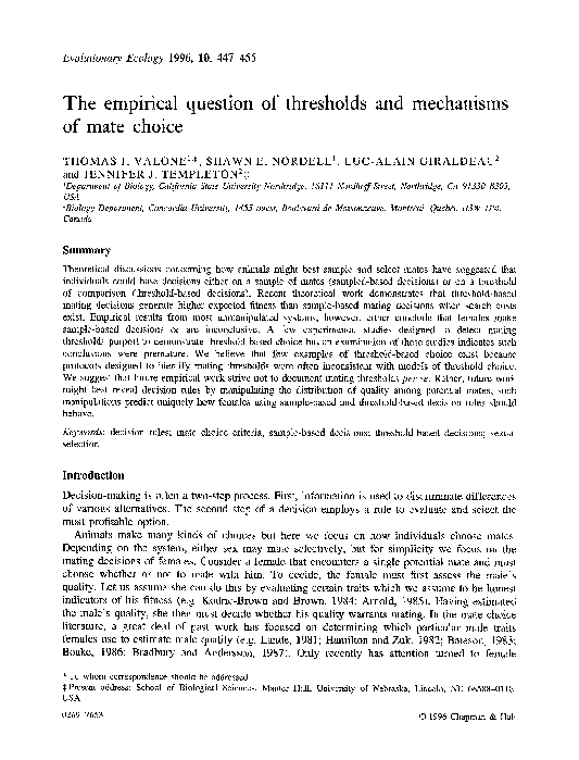 (PDF) The empirical question of thresholds and mechanisms of mate choice