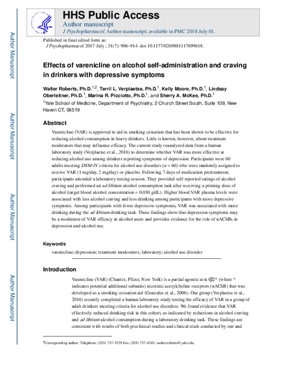 (PDF) Effects of varenicline on alcohol self-administration and craving ...