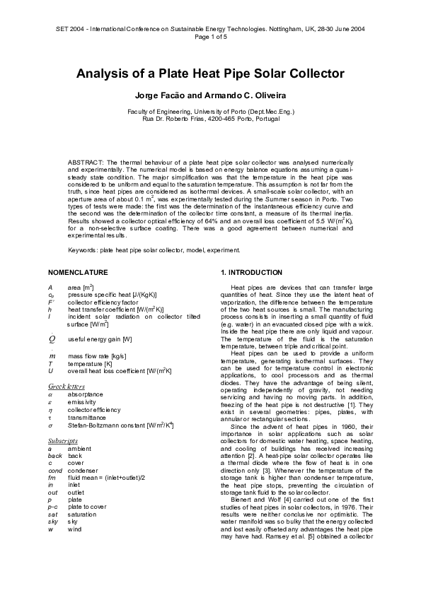 (PDF) Analysis of a plate heat pipe solar collector