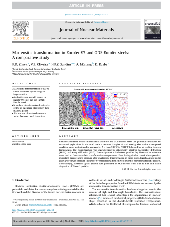(PDF) Martensitic transformation in Eurofer-97 and ODS-Eurofer steels ...
